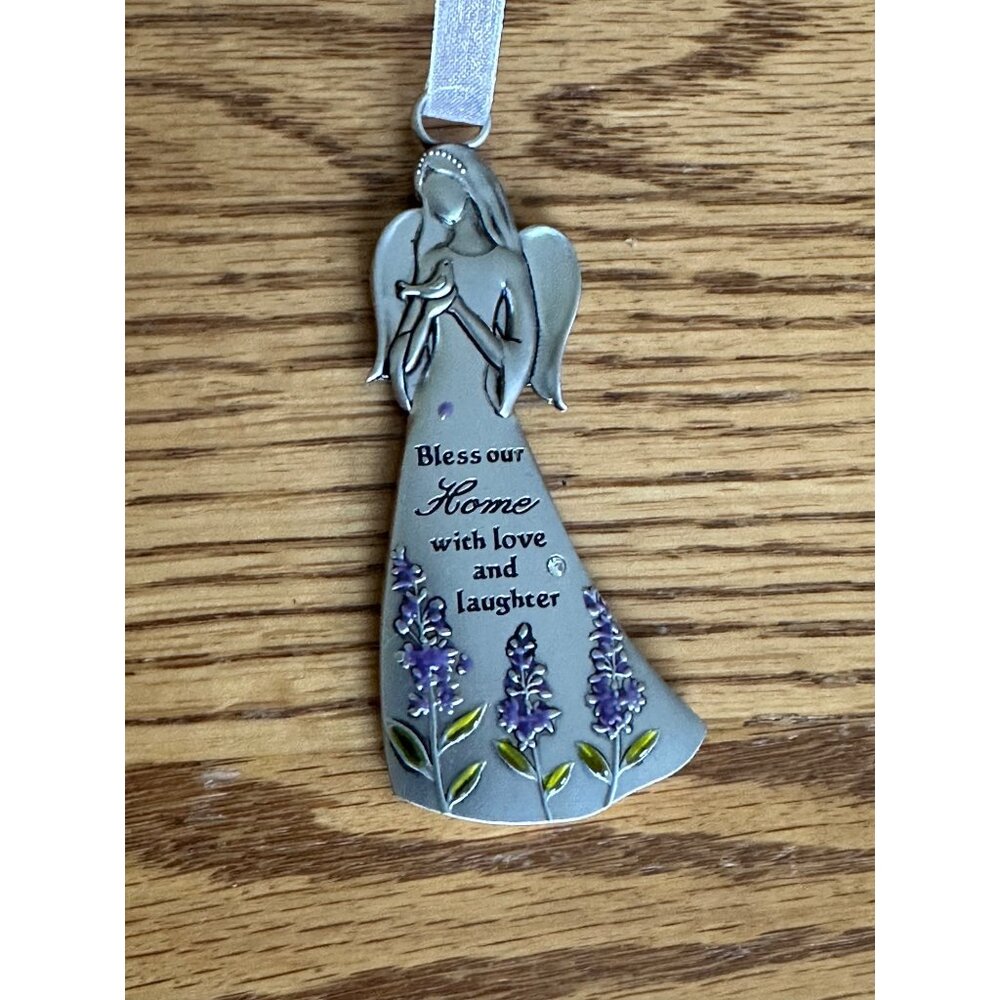 Decorative Angel Ornament Lavender Flowers "Bless Our Home With Love &Laughter"